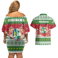 Suriname Christmas Couples Matching Off Shoulder Short Dress and Hawaiian Shirt Coat Of Arms Zalig Kersfeest - Wonder Print Shop