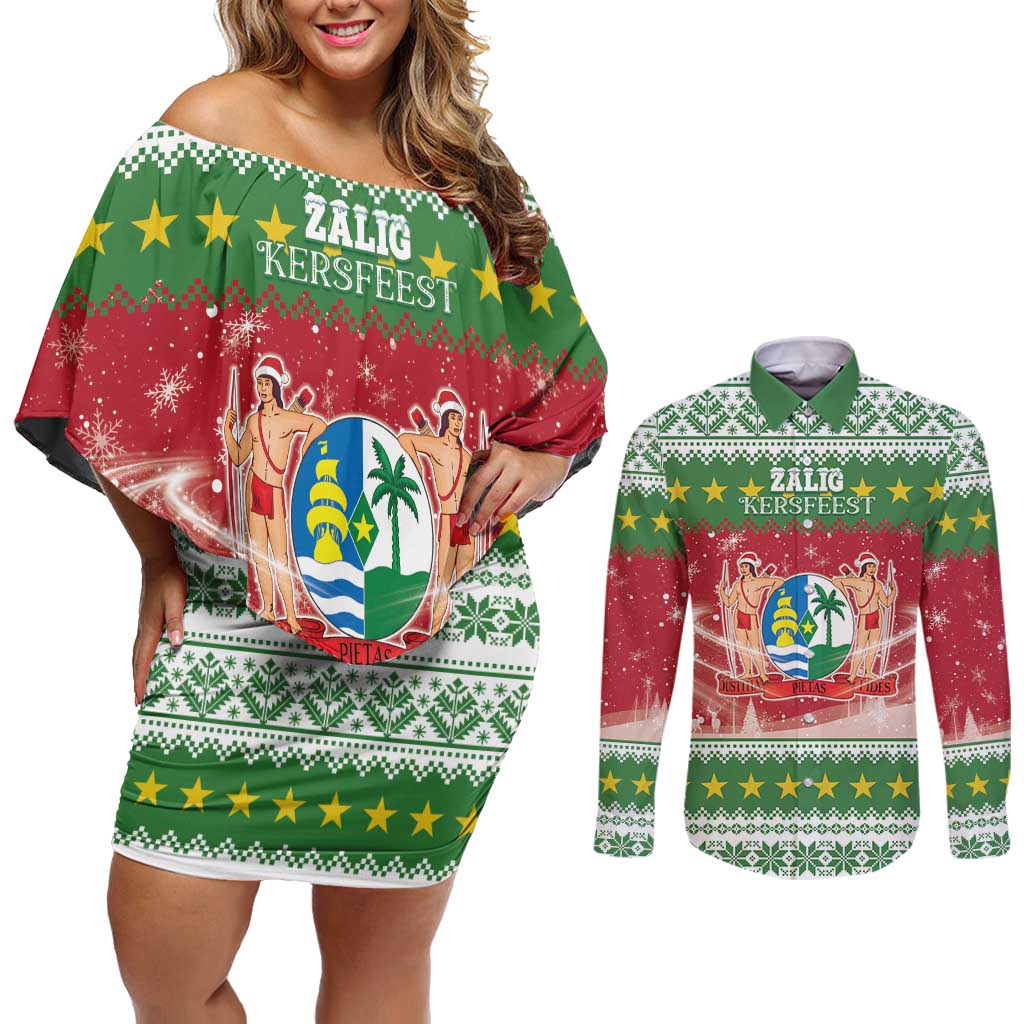 Suriname Christmas Couples Matching Off Shoulder Short Dress and Long Sleeve Button Shirt Coat Of Arms Zalig Kersfeest - Wonder Print Shop