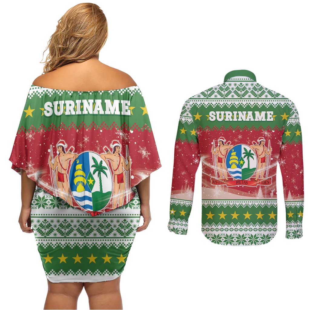 Suriname Christmas Couples Matching Off Shoulder Short Dress and Long Sleeve Button Shirt Coat Of Arms Zalig Kersfeest - Wonder Print Shop