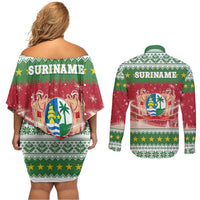 Suriname Christmas Couples Matching Off Shoulder Short Dress and Long Sleeve Button Shirt Coat Of Arms Zalig Kersfeest - Wonder Print Shop