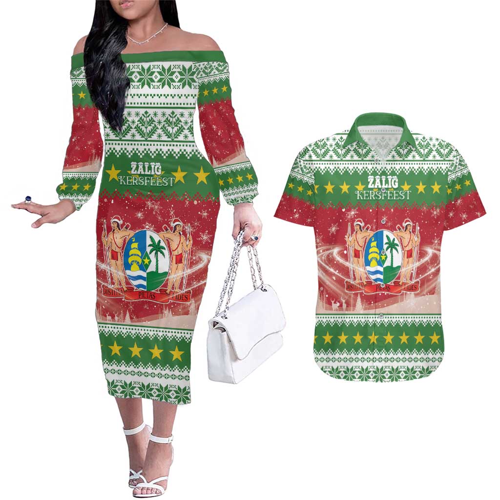 Suriname Christmas Couples Matching Off The Shoulder Long Sleeve Dress and Hawaiian Shirt Coat Of Arms Zalig Kersfeest - Wonder Print Shop