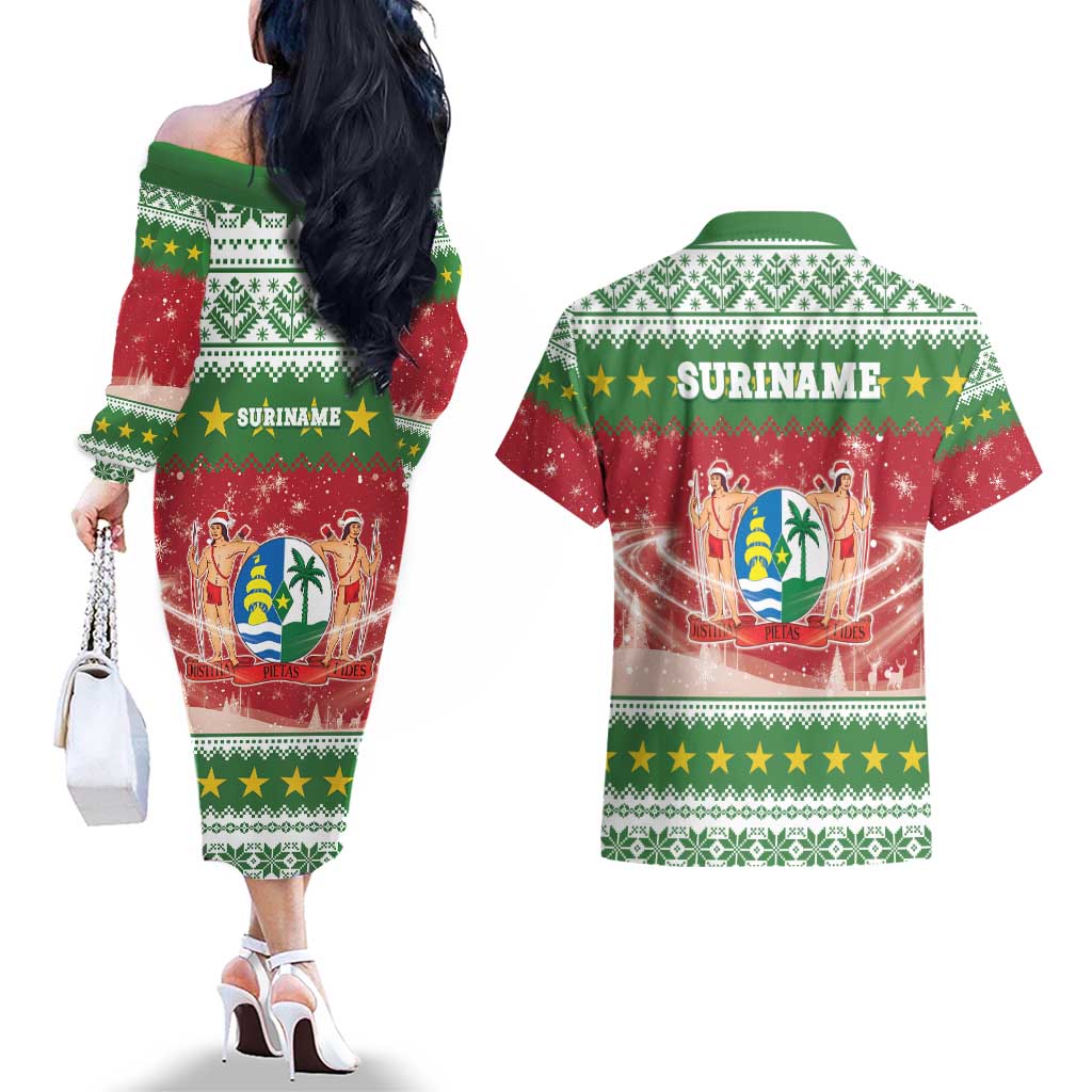 Suriname Christmas Couples Matching Off The Shoulder Long Sleeve Dress and Hawaiian Shirt Coat Of Arms Zalig Kersfeest - Wonder Print Shop