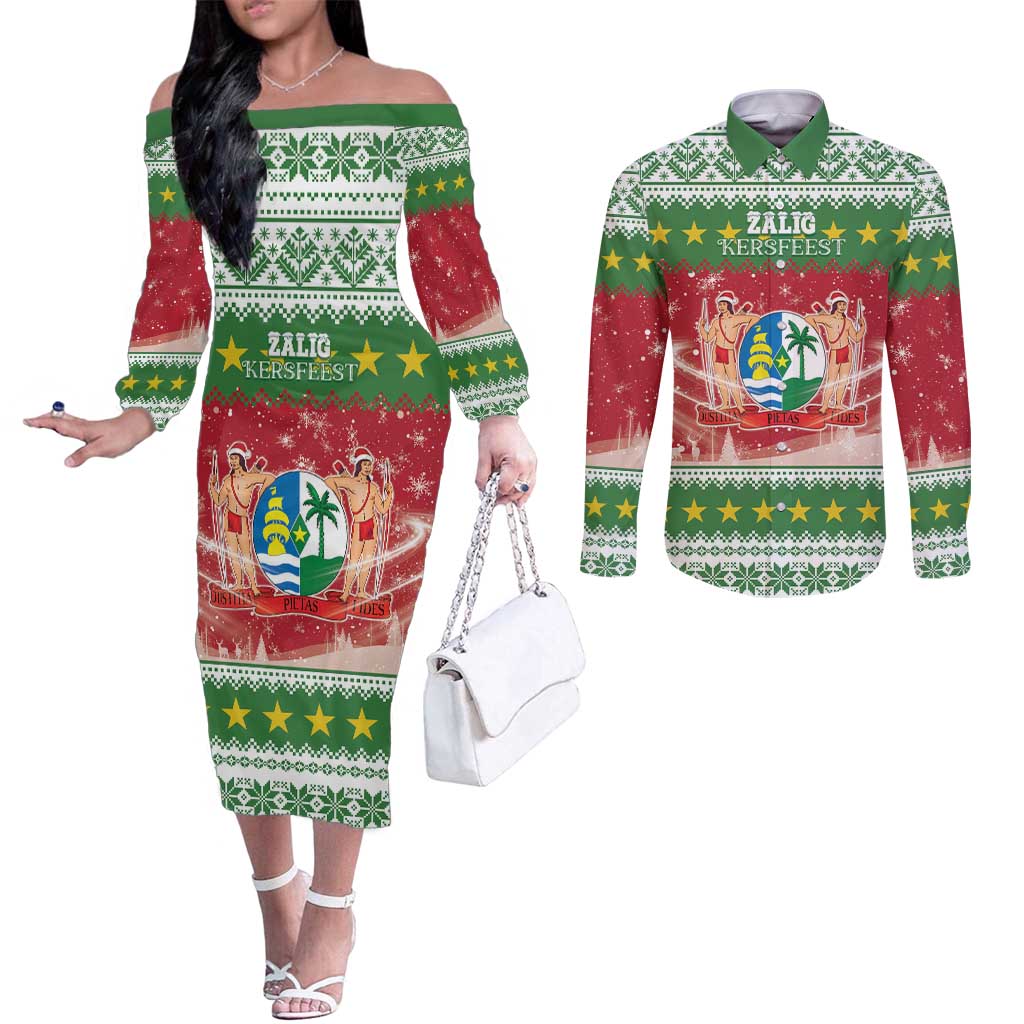 Suriname Christmas Couples Matching Off The Shoulder Long Sleeve Dress and Long Sleeve Button Shirt Coat Of Arms Zalig Kersfeest - Wonder Print Shop