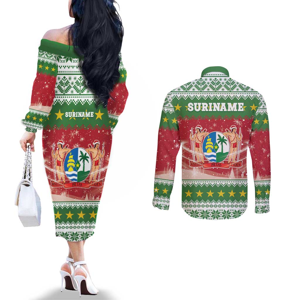 Suriname Christmas Couples Matching Off The Shoulder Long Sleeve Dress and Long Sleeve Button Shirt Coat Of Arms Zalig Kersfeest - Wonder Print Shop