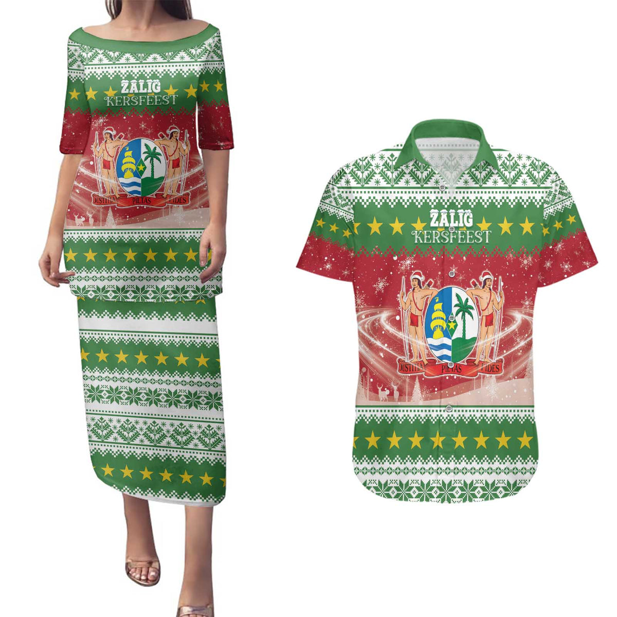 Suriname Christmas Couples Matching Puletasi and Hawaiian Shirt Coat Of Arms Zalig Kersfeest - Wonder Print Shop