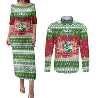 Suriname Christmas Couples Matching Puletasi and Long Sleeve Button Shirt Coat Of Arms Zalig Kersfeest - Wonder Print Shop