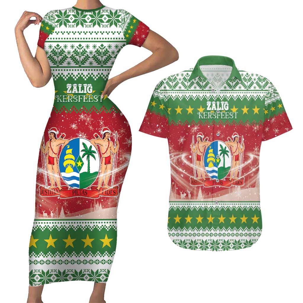 Suriname Christmas Couples Matching Short Sleeve Bodycon Dress and Hawaiian Shirt Coat Of Arms Zalig Kersfeest - Wonder Print Shop