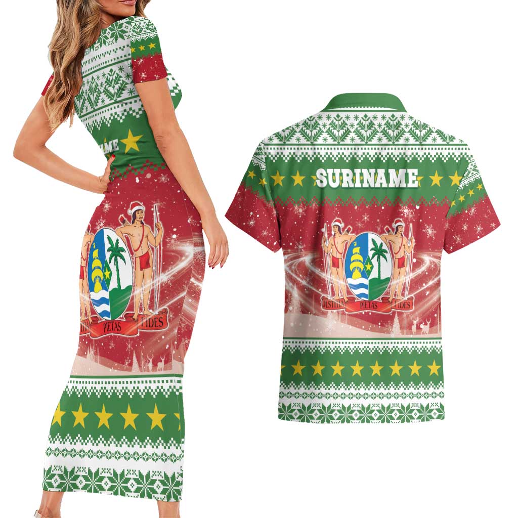 Suriname Christmas Couples Matching Short Sleeve Bodycon Dress and Hawaiian Shirt Coat Of Arms Zalig Kersfeest - Wonder Print Shop