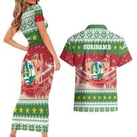 Suriname Christmas Couples Matching Short Sleeve Bodycon Dress and Hawaiian Shirt Coat Of Arms Zalig Kersfeest - Wonder Print Shop