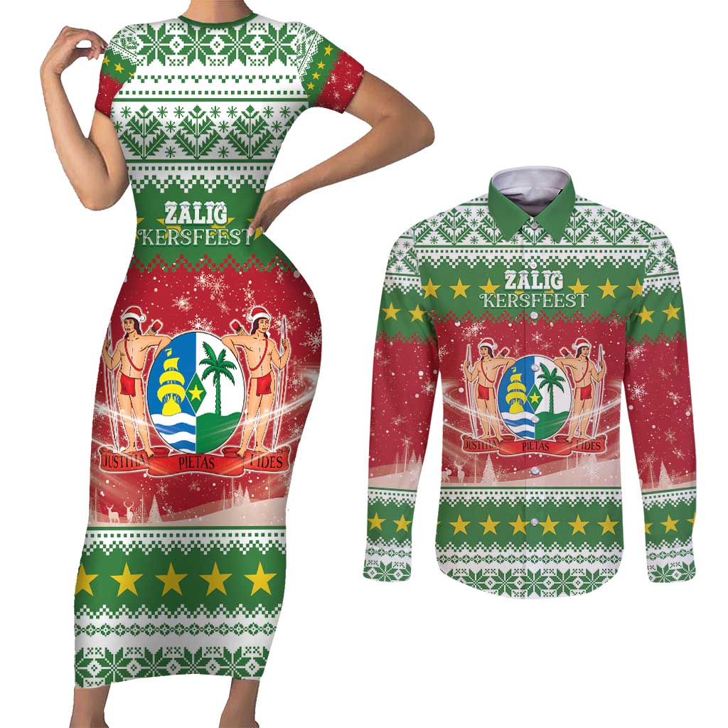 Suriname Christmas Couples Matching Short Sleeve Bodycon Dress and Long Sleeve Button Shirt Coat Of Arms Zalig Kersfeest - Wonder Print Shop