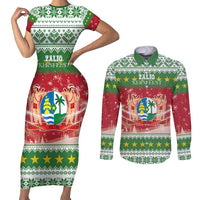 Suriname Christmas Couples Matching Short Sleeve Bodycon Dress and Long Sleeve Button Shirt Coat Of Arms Zalig Kersfeest - Wonder Print Shop