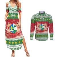 Suriname Christmas Couples Matching Summer Maxi Dress and Long Sleeve Button Shirt Coat Of Arms Zalig Kersfeest - Wonder Print Shop
