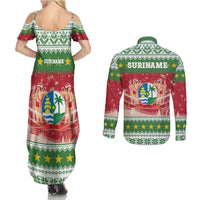 Suriname Christmas Couples Matching Summer Maxi Dress and Long Sleeve Button Shirt Coat Of Arms Zalig Kersfeest - Wonder Print Shop