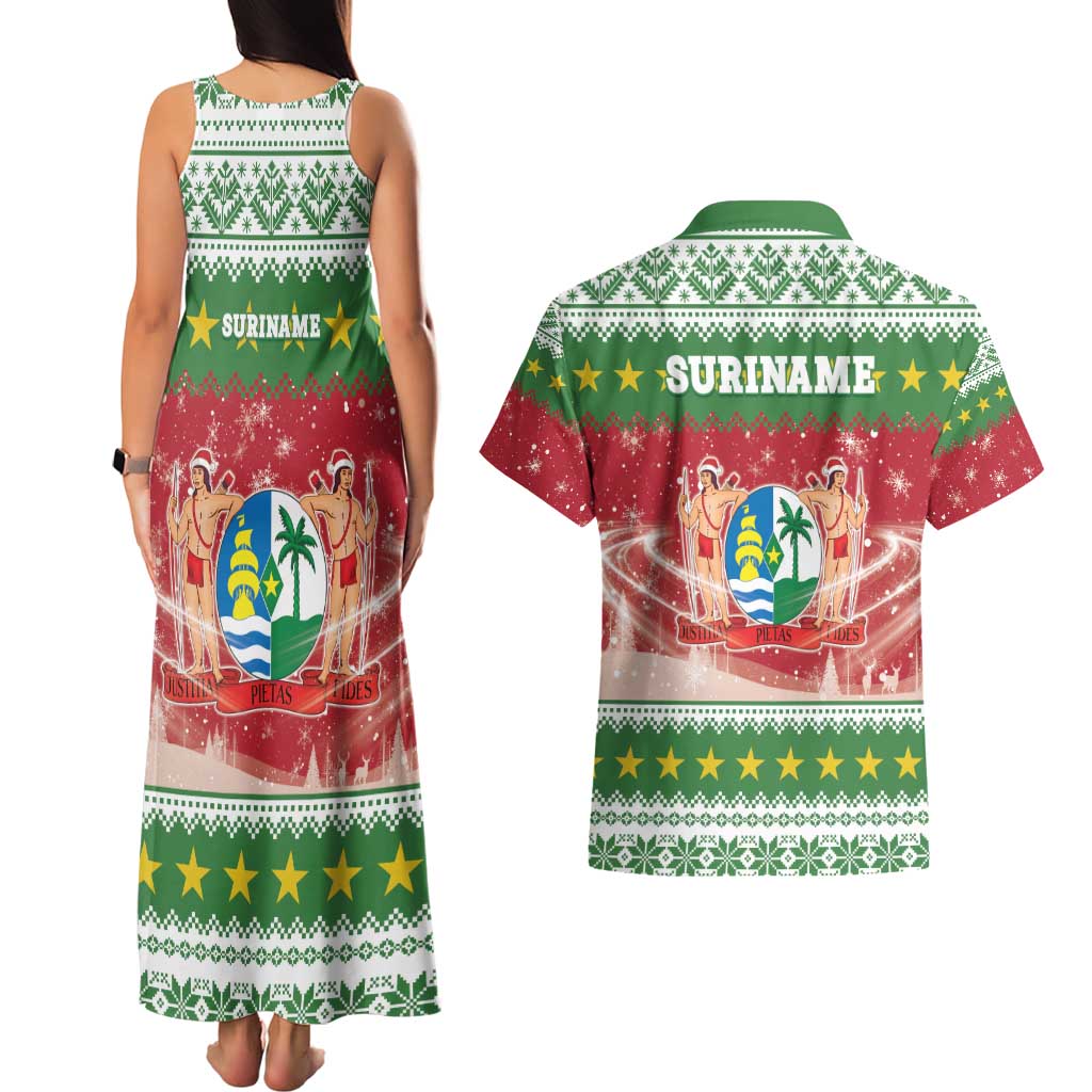 Suriname Christmas Couples Matching Tank Maxi Dress and Hawaiian Shirt Coat Of Arms Zalig Kersfeest - Wonder Print Shop