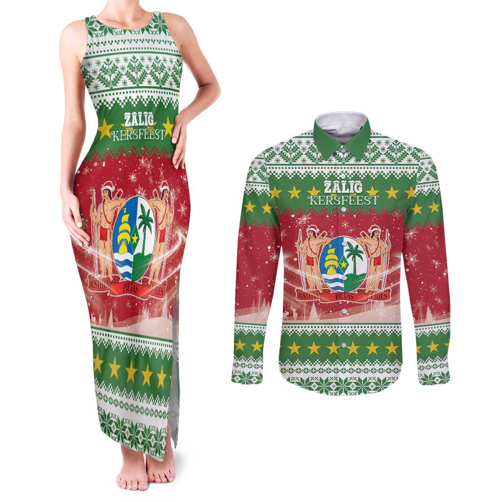 Suriname Christmas Couples Matching Tank Maxi Dress and Long Sleeve Button Shirt Coat Of Arms Zalig Kersfeest - Wonder Print Shop