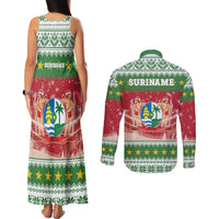 Suriname Christmas Couples Matching Tank Maxi Dress and Long Sleeve Button Shirt Coat Of Arms Zalig Kersfeest - Wonder Print Shop