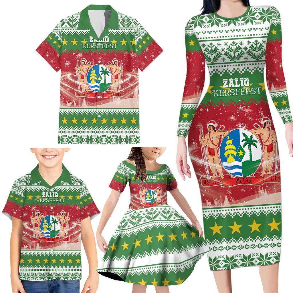 Suriname Christmas Family Matching Long Sleeve Bodycon Dress and Hawaiian Shirt Coat Of Arms Zalig Kersfeest - Wonder Print Shop