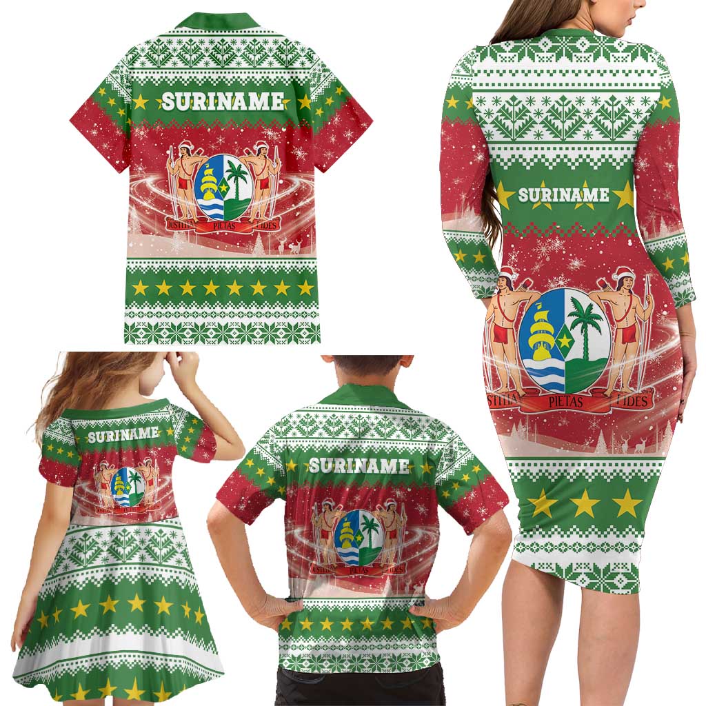 Suriname Christmas Family Matching Long Sleeve Bodycon Dress and Hawaiian Shirt Coat Of Arms Zalig Kersfeest - Wonder Print Shop