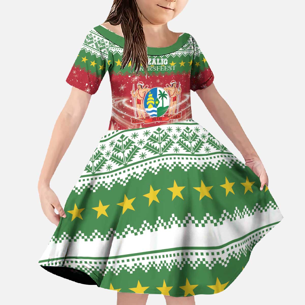 Suriname Christmas Family Matching Off The Shoulder Long Sleeve Dress and Hawaiian Shirt Coat Of Arms Zalig Kersfeest - Wonder Print Shop