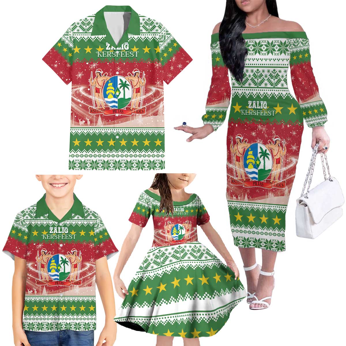 Suriname Christmas Family Matching Off The Shoulder Long Sleeve Dress and Hawaiian Shirt Coat Of Arms Zalig Kersfeest - Wonder Print Shop