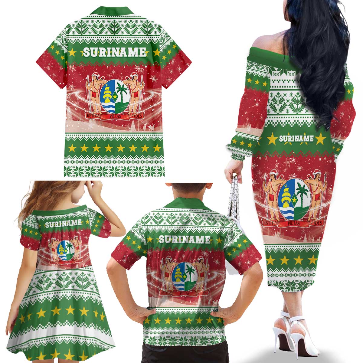 Suriname Christmas Family Matching Off The Shoulder Long Sleeve Dress and Hawaiian Shirt Coat Of Arms Zalig Kersfeest - Wonder Print Shop