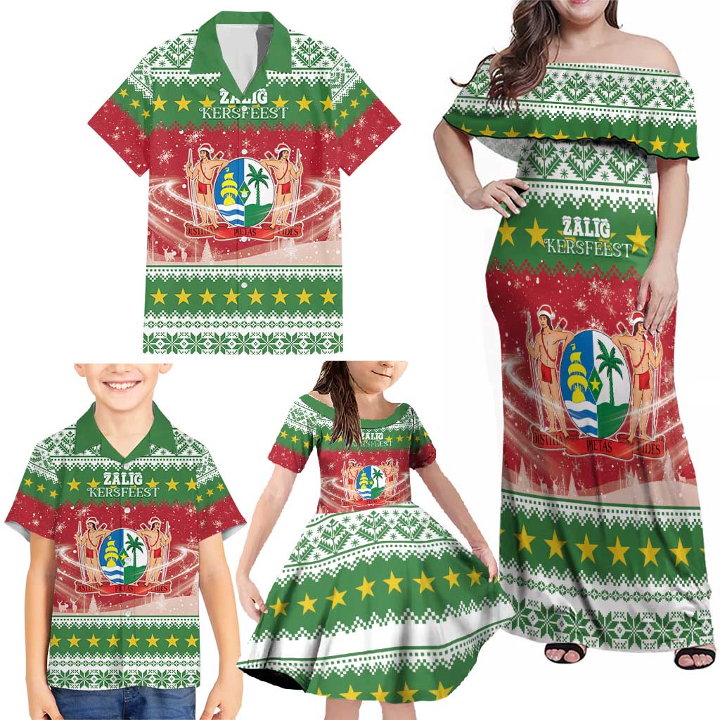 Suriname Christmas Family Matching Off Shoulder Maxi Dress and Hawaiian Shirt Coat Of Arms Zalig Kersfeest - Wonder Print Shop