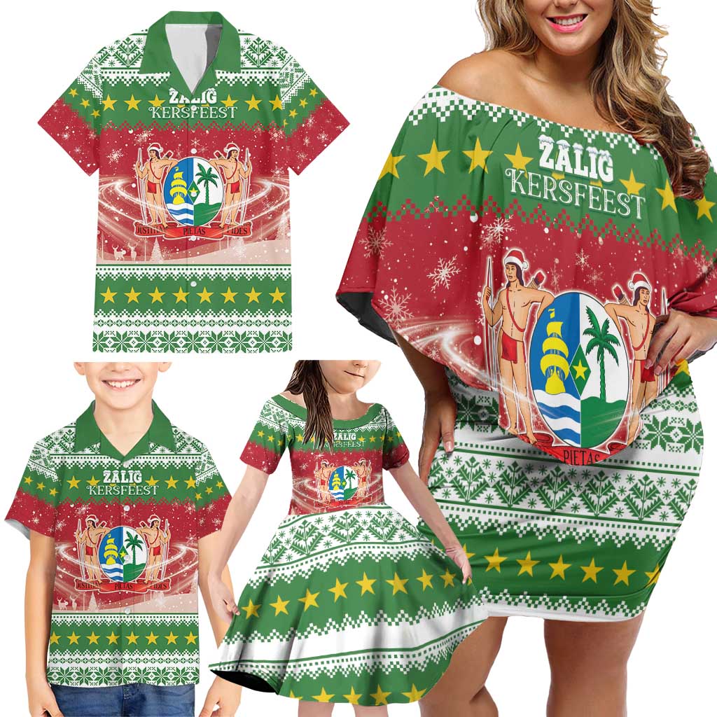 Suriname Christmas Family Matching Off Shoulder Short Dress and Hawaiian Shirt Coat Of Arms Zalig Kersfeest - Wonder Print Shop
