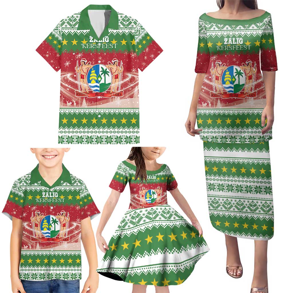 Suriname Christmas Family Matching Puletasi and Hawaiian Shirt Coat Of Arms Zalig Kersfeest - Wonder Print Shop