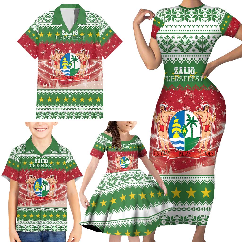 Suriname Christmas Family Matching Short Sleeve Bodycon Dress and Hawaiian Shirt Coat Of Arms Zalig Kersfeest - Wonder Print Shop