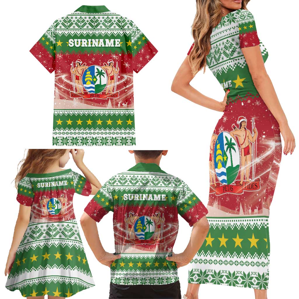 Suriname Christmas Family Matching Short Sleeve Bodycon Dress and Hawaiian Shirt Coat Of Arms Zalig Kersfeest - Wonder Print Shop