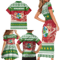 Suriname Christmas Family Matching Short Sleeve Bodycon Dress and Hawaiian Shirt Coat Of Arms Zalig Kersfeest - Wonder Print Shop