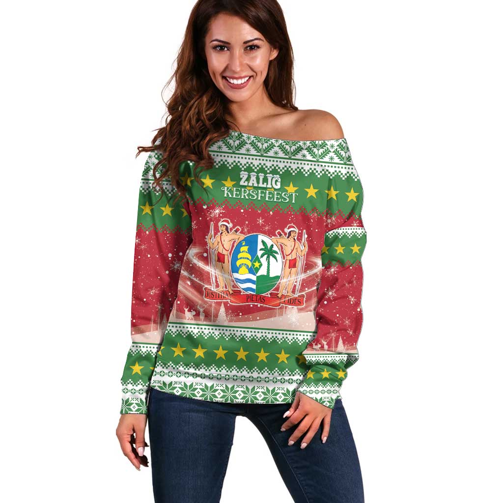 Suriname Christmas Off Shoulder Sweater Coat Of Arms Zalig Kersfeest - Wonder Print Shop
