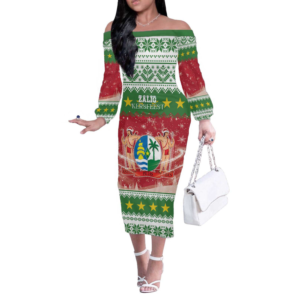Suriname Christmas Off The Shoulder Long Sleeve Dress Coat Of Arms Zalig Kersfeest - Wonder Print Shop