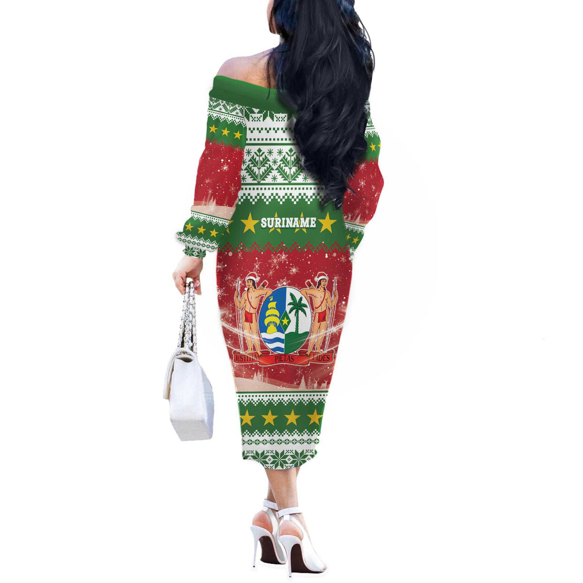 Suriname Christmas Off The Shoulder Long Sleeve Dress Coat Of Arms Zalig Kersfeest - Wonder Print Shop