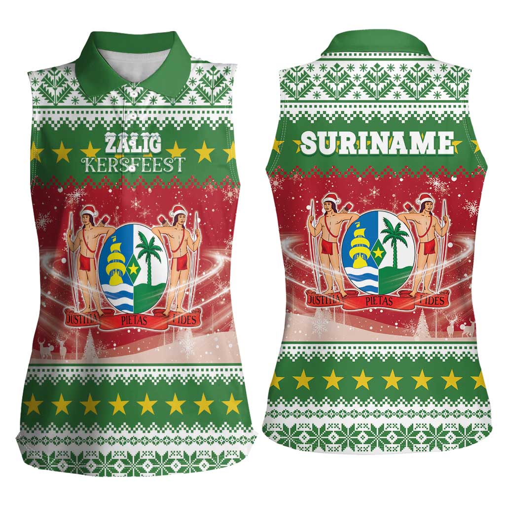 Suriname Christmas Women Sleeveless Polo Shirt Coat Of Arms Zalig Kersfeest - Wonder Print Shop
