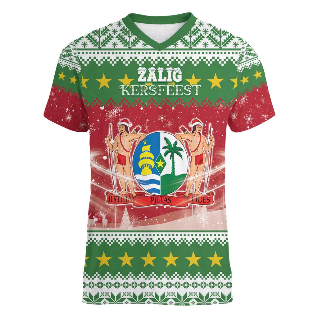 Suriname Christmas Women V-Neck T-Shirt Coat Of Arms Zalig Kersfeest - Wonder Print Shop