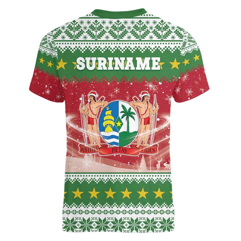 Suriname Christmas Women V-Neck T-Shirt Coat Of Arms Zalig Kersfeest - Wonder Print Shop