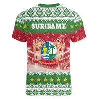Suriname Christmas Women V-Neck T-Shirt Coat Of Arms Zalig Kersfeest - Wonder Print Shop