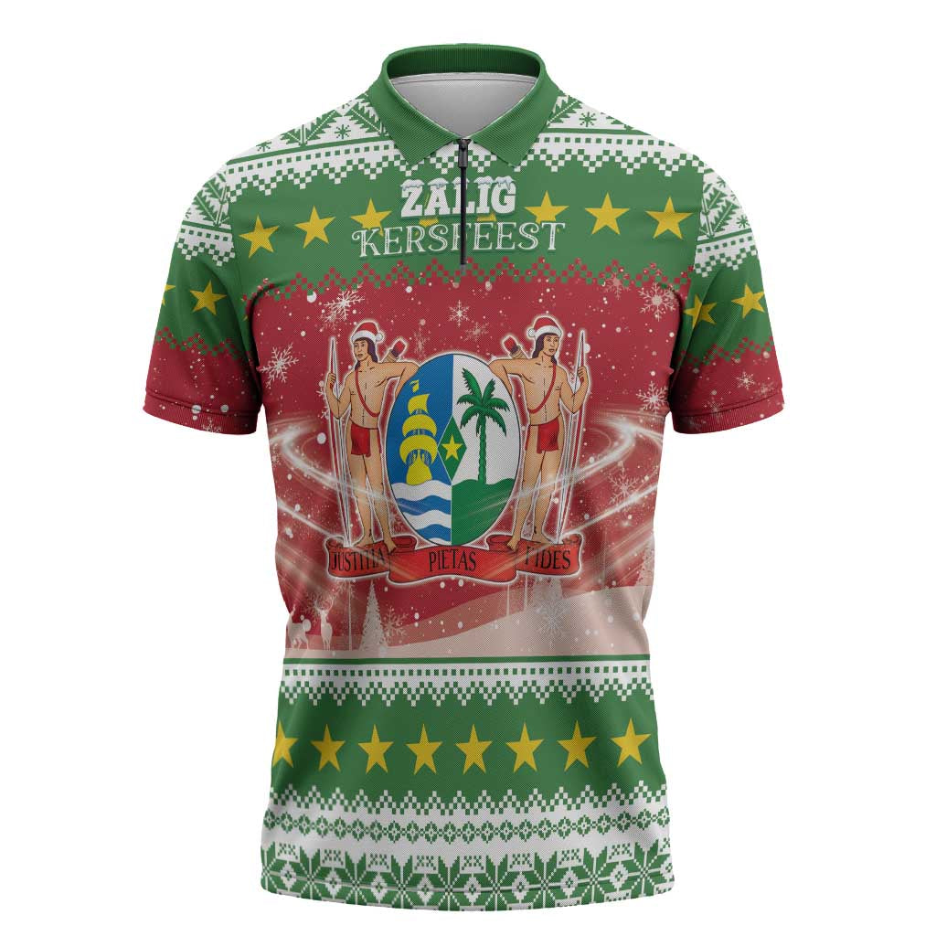 Suriname Christmas Zipper Polo Shirt Coat Of Arms Zalig Kersfeest - Wonder Print Shop