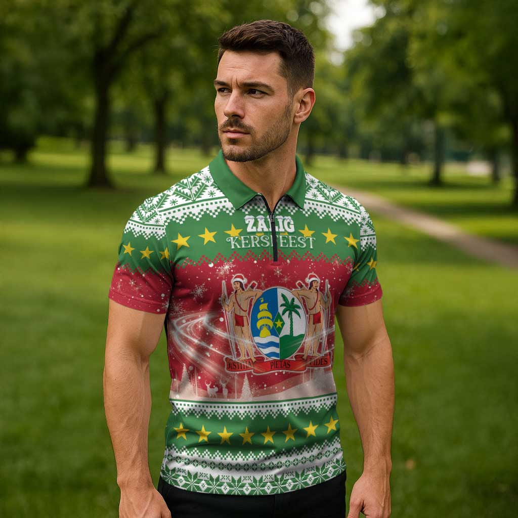 Suriname Christmas Zipper Polo Shirt Coat Of Arms Zalig Kersfeest - Wonder Print Shop