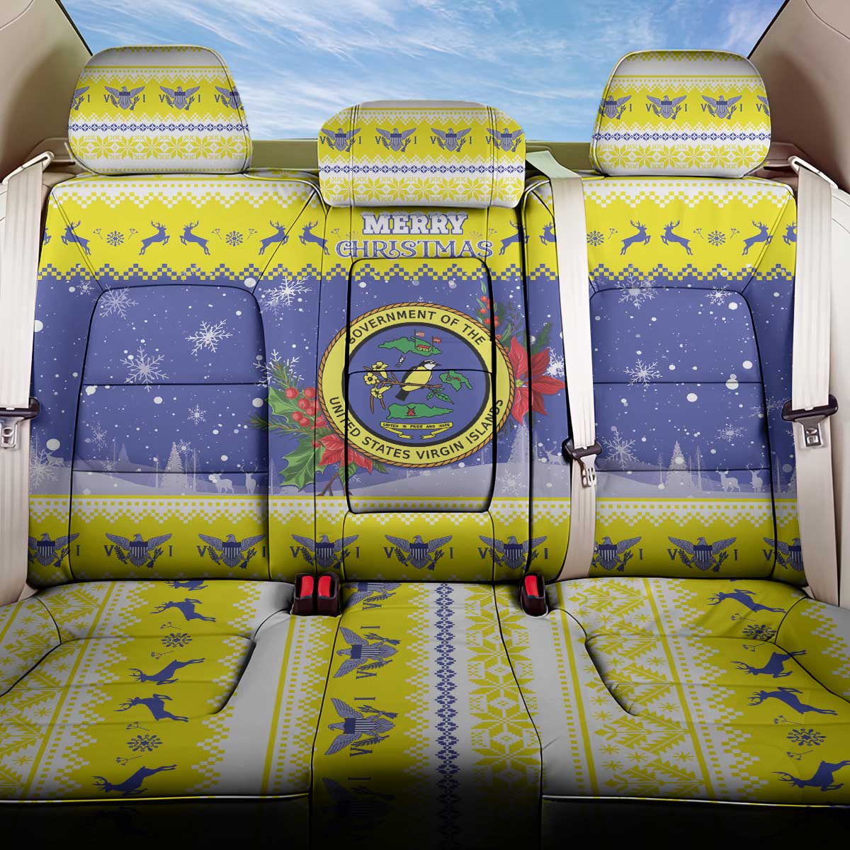 United States Virgin Islands Christmas Back Car Seat Cover Coat Of Arms With Poinsettia - Wonder Print Shop