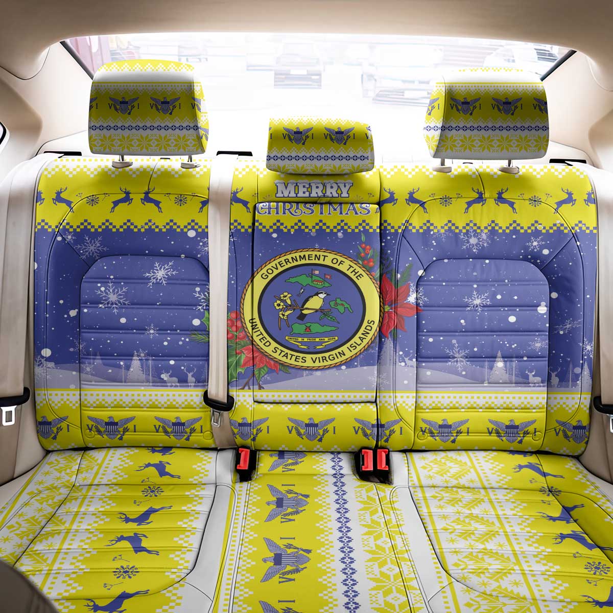 United States Virgin Islands Christmas Back Car Seat Cover Coat Of Arms With Poinsettia - Wonder Print Shop
