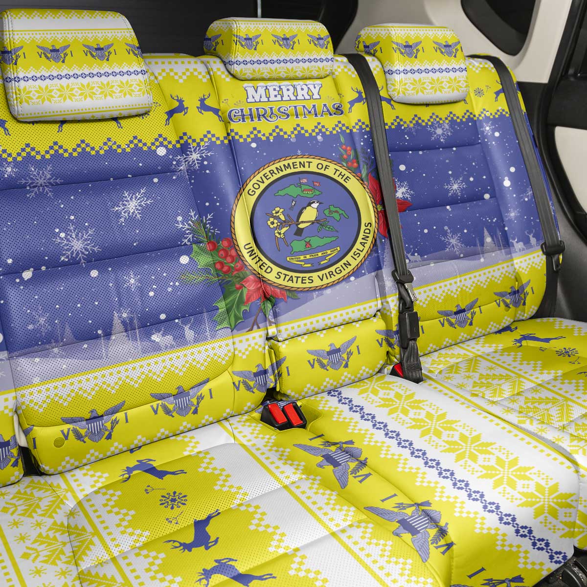 United States Virgin Islands Christmas Back Car Seat Cover Coat Of Arms With Poinsettia - Wonder Print Shop