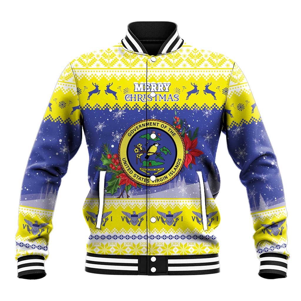 United States Virgin Islands Christmas Baseball Jacket Coat Of Arms With Poinsettia - Wonder Print Shop