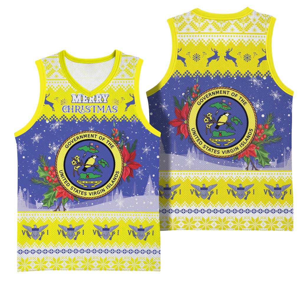 United States Virgin Islands Christmas Basketball Jersey Coat Of Arms With Poinsettia - Wonder Print Shop