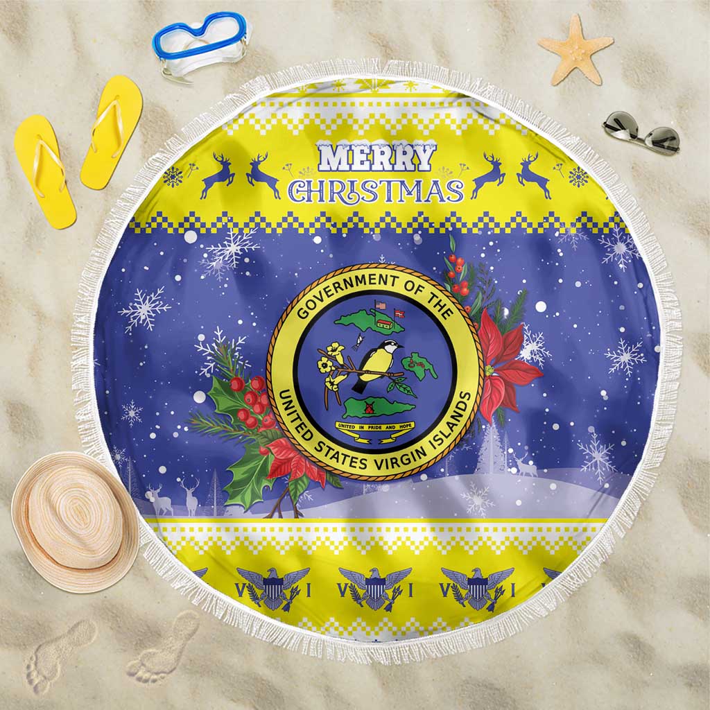 United States Virgin Islands Christmas Beach Blanket Coat Of Arms With Poinsettia - Wonder Print Shop