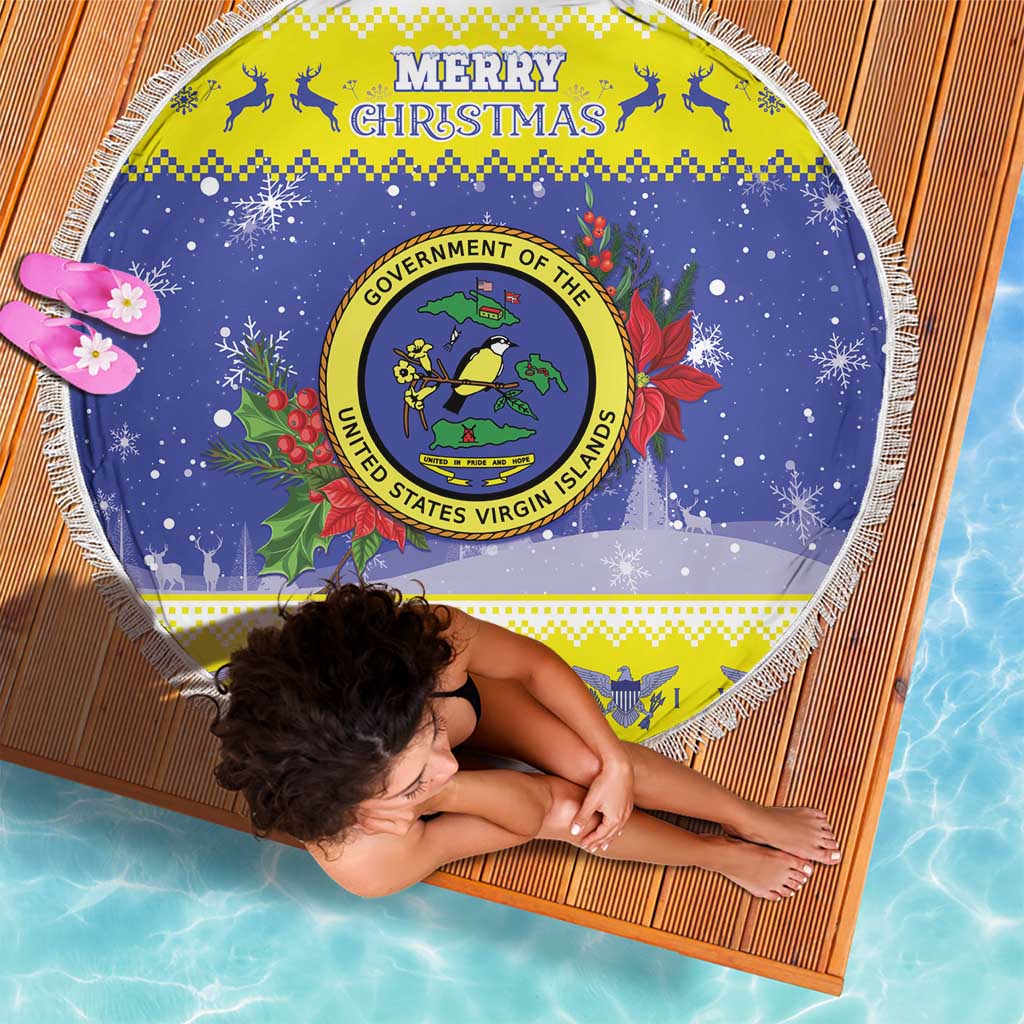 United States Virgin Islands Christmas Beach Blanket Coat Of Arms With Poinsettia - Wonder Print Shop