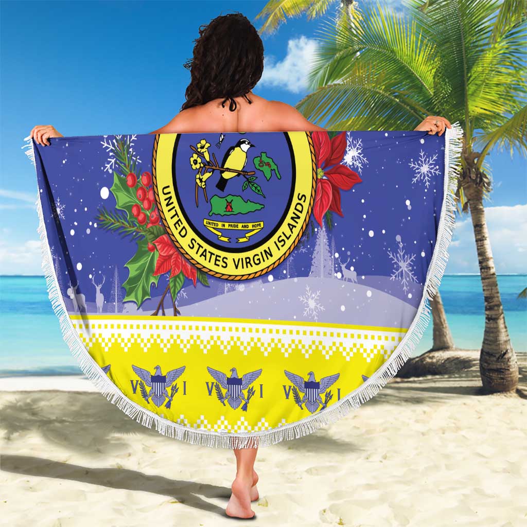 United States Virgin Islands Christmas Beach Blanket Coat Of Arms With Poinsettia - Wonder Print Shop