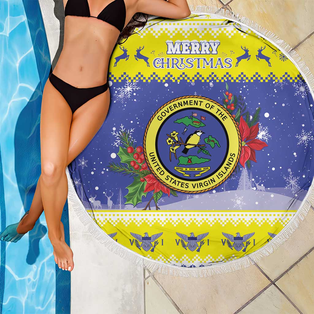 United States Virgin Islands Christmas Beach Blanket Coat Of Arms With Poinsettia - Wonder Print Shop