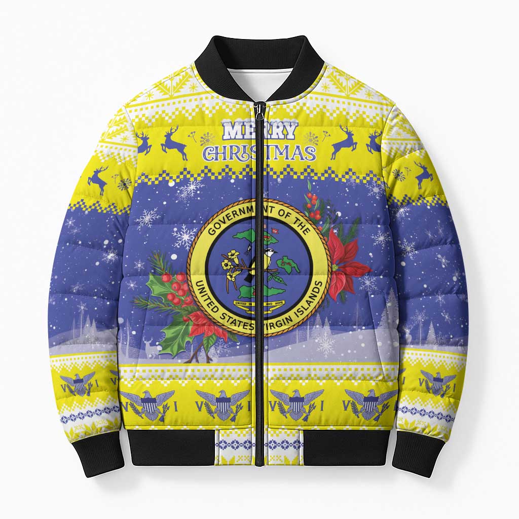 United States Virgin Islands Christmas Bomber Puffer Jacket Coat Of Arms With Poinsettia - Wonder Print Shop